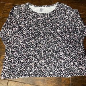 LL Bean Womens 2X Plus Black Pink Floral Print 3/4 Sleeve T Shirt Top flawed